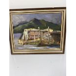 Wendy Wood, Highland Scene with Jetty, oil on board, signed bottom left, in wooden frame (26cm x