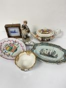 A Limoges pill box (a/f), a Capodimonte figure of a Girl, a 19thc Duesbury Derby teapot (damage to
