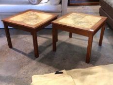 A Pair of Vintage mid century tile top lamp tables, the square tops raised on square moulded