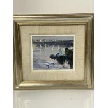 Douglas Phillips, Harbour Nocture, oil no panel in silvered frame, signed bottom left, paper label