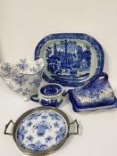 A collection of blue and white including a modern Ironstone china blue and white ashet decorated