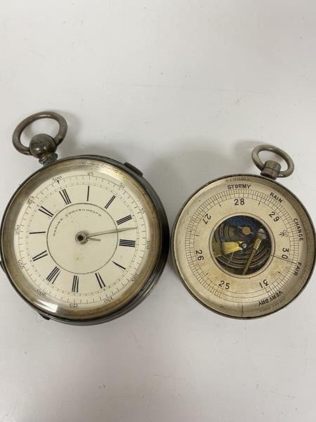 A pocket barometer with stainless steel case (4.5cm) and a Chester silver cased marine pocket