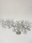 A near set of nine 19thc crystal thumb cut port glasses, two 19thc three penny lick glasses, a 19thc