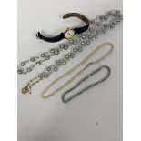 A blue grey cultured pearl and freshwater pearl and glass bead pearl necklace (53cm) with 9ct gold