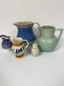 A 19thc pottery blue banded jug, a Kensington green 30s style jug, a Royal Doulton Clarice Cliff