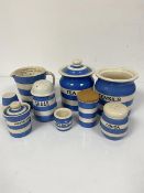 T&G Green pottery blue banded Cornishware including measuring jug, tea cannister, lentils cannister,