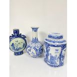 A reproduction Chinese blue and white style moon flask, decorated with landscape and figures, a slim