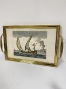 A brass two handled rectangular tea tray with inset engraving Barque allant vent arriere (67cm x