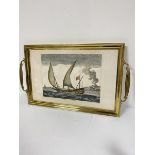 A brass two handled rectangular tea tray with inset engraving Barque allant vent arriere (67cm x