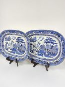 A pair of modern china blue and white transfer printed Three Men on a Bridge pattern ashets (47cm