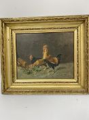 19thc school, Cockeral and Hens feeding, oil on canvas, unsigned, in gilt composition frame (20cm