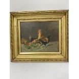 19thc school, Cockeral and Hens feeding, oil on canvas, unsigned, in gilt composition frame (20cm