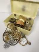 A box containing a collection of costume jewellery including gilt metal chains, paste brooches, a