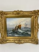 E. Fletcher, Fishermen on Stormy Seas, oil on canvas, signed bottom right, in gilt composition frame