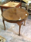 An early 20th century walnut veneered tray toped lamp table on cabriole supports H42cm, D60cm