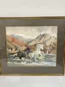 Wendy Wood, Islandic Ponies on Shore, watercolour, signed bottom right, in oak frame, paper label