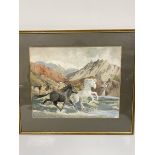 Wendy Wood, Islandic Ponies on Shore, watercolour, signed bottom right, in oak frame, paper label