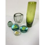 A Swedish Holmegaard green glass tapered cylinder vase (22cm), signed verso and a K. Frank 1959 oval