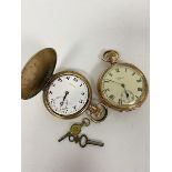 A Waltham open faced American gold plated pocket watch with subsidiaries dial and roman numerals (