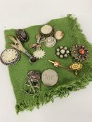 A collection of brooches including a ptarmigan's foot, mother of pearl mounted white metal brooch, a