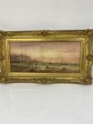 E. Lewis, Coastal Scene with Fishing Boats, watercolour, signed lower right, in gilt composition