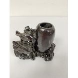 A carved miniature Chinese soapstone brush washer with two birds (9cm x 9cm)