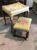 An early 20th century beech framed dressing table stool, the top upholstered in a needlework