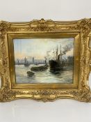 E. Fletcher, Tug Boats on the Thames, oil on canvas, signed lower right, in gilt composition