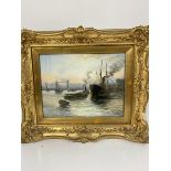 E. Fletcher, Tug Boats on the Thames, oil on canvas, signed lower right, in gilt composition