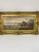E. Lewis, South Coast Scene with Fishermen and Figures, watercolour, signed lower left, in gilt