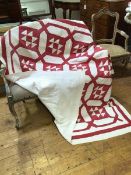 A 1920s comfy quilt with red octagonal panel design - signs of gentle use, 170cm x 170cm