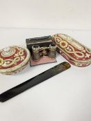 A Victorian china soapdish complete with liner and top and a matching toothbrush holder, a Russian