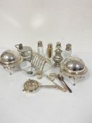 A group of Epns ware including two swivel top butter dishes complete with liners, tea strainer,