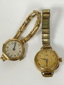 A lady's 9ct gold wristwatch with engine turned decorated silver dial, on expanding yellow metal