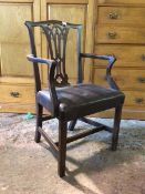 Georgian mahogany carver dining chair, with pierced splat and reeded open arms, faux leather