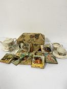 A tapestry covered dome style casket, a collection of children's learning blocks with animals,