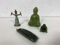 A spinach green polished stone pendant (7cm), two seated figures and a metal figure of a Goddess (