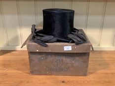A gentleman's top hat (approximately 52 cm circumference) along with a pair of leather gloves size 8