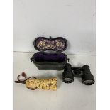 A mixed lot including a 19thc pair of opera glasses with original travelling case, inscribed to