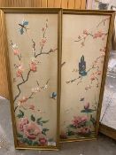 A pair of 1920s/30s Chinese embroidered textile panels, each depicting cherry blossoms and other