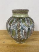 A Bourne Denby vase of urn form with floral decoration to exterior, base stamped Glyn Colledge (