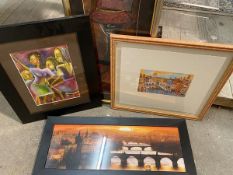 Modern school, Women Dancing, oil, signed bottom right (28cm x 18cm) and a print of Venice etc. (4)