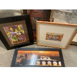 Modern school, Women Dancing, oil, signed bottom right (28cm x 18cm) and a print of Venice etc. (4)