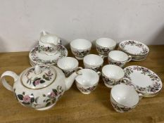A Wedgwood Hathaway Rose pattern teaset, including a teapot (15cm), six teacups, saucers, side