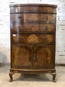 A Queen Anne style burr walnut chest on cupboard, fitted with three graduated drawers over