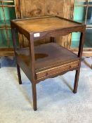 A Georgian style mahogany wash stand, tray top over under tier fitted with drawer, raised on