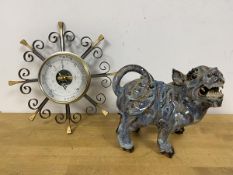 A mixed lot including a ceramic figure of a Chinese lion (17cm), a wall barometer within a