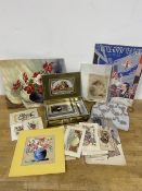 A mixed lot including a collection of embroidered cards, Still life by A. Redgrove, late 19thc/early