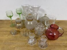 A mixed lot of glass including two cut glass vases (23cm), two green to clear glass wine glasses