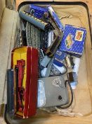 Train interest: a collection of train carriages and track, some marked Hornby Dublo, and a power